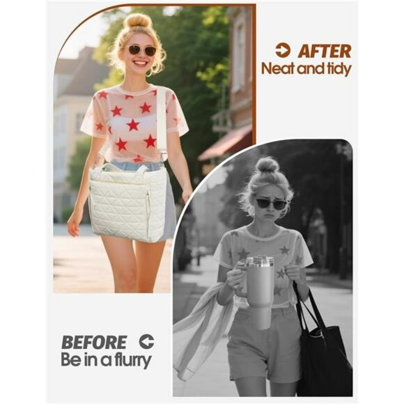 Quilted Puffer Tote Bag Work Travel College Bag Fits Stanley Cup Bottle - Picture 2 of 8